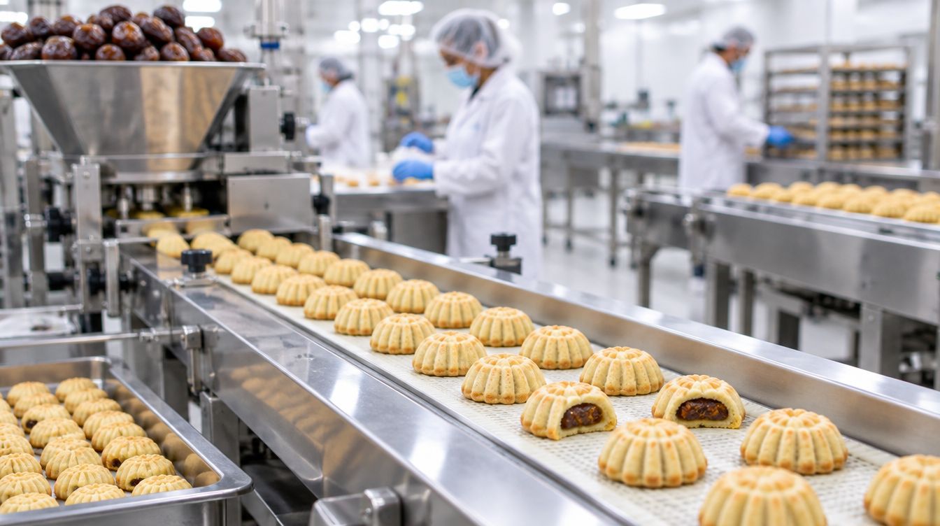 The ma’amoul line inside the factory: pastries on a stainless-steel conveyor, with staff in white coats and hairnets